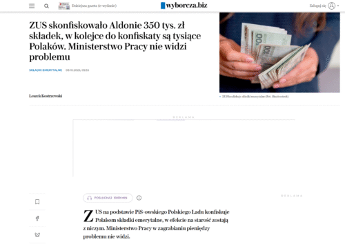 ZUS skonfiskowało Aldonie 350 tys. zł składek, w kolejce do konfiskaty są tysiące Polaków. Ministerstwo Pracy nie widzi problemu